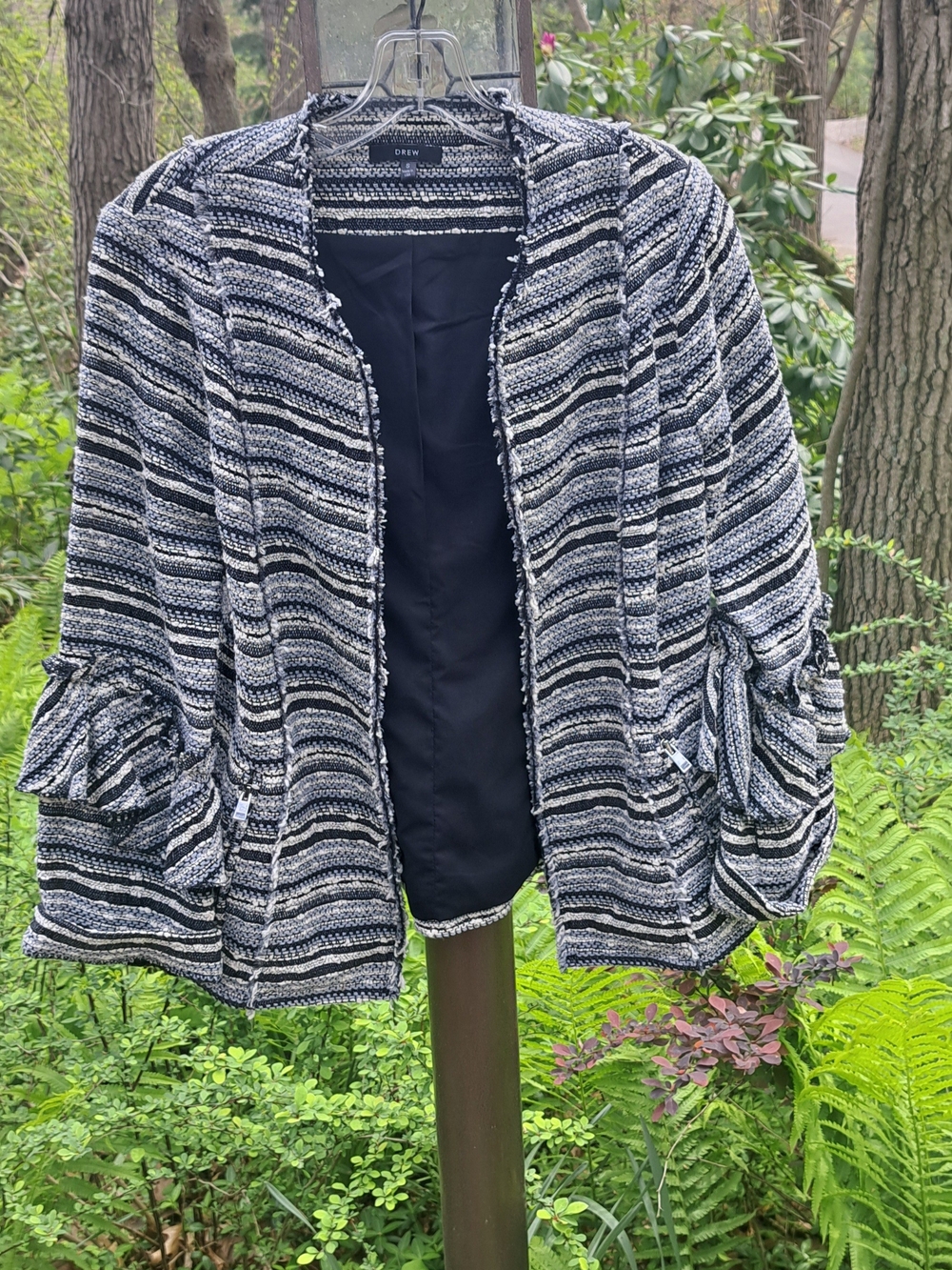 DREW Navy, White and Gray Striped Open-Front Cardigan